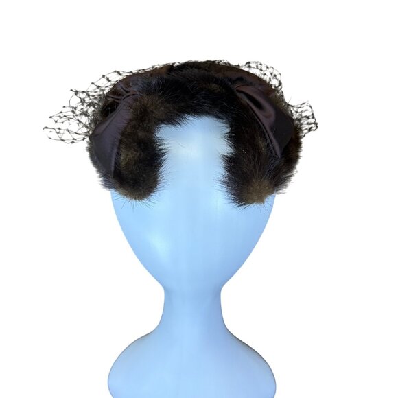 Brown Women’s Mink Fur Cocktail Hat With Bow & Net Veil Vintage Elegant Style - Picture 4 of 5
